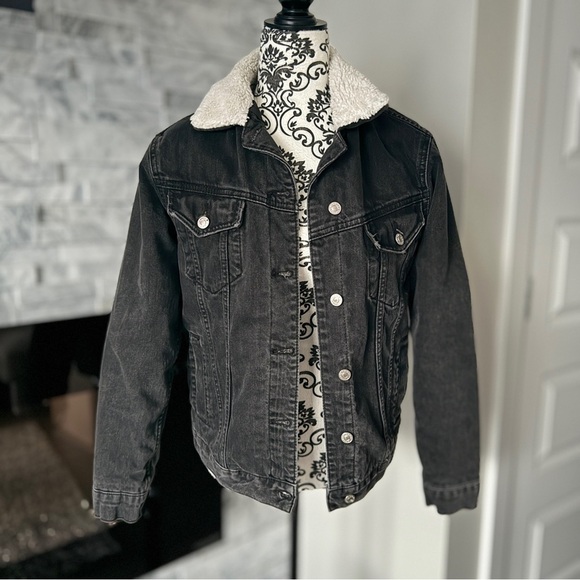 Topshop Moto Sherpa Lined Oversized Denim Jean Jacket Black 2 - Picture 1 of 6
